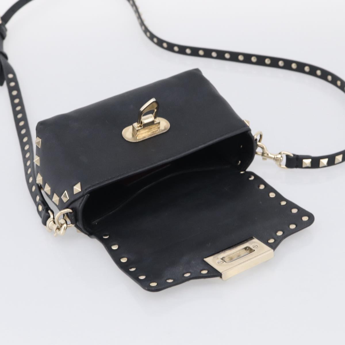 Valentino Rock Studs Shoulder Bag Leather Black Gold Tone Auth bs37832