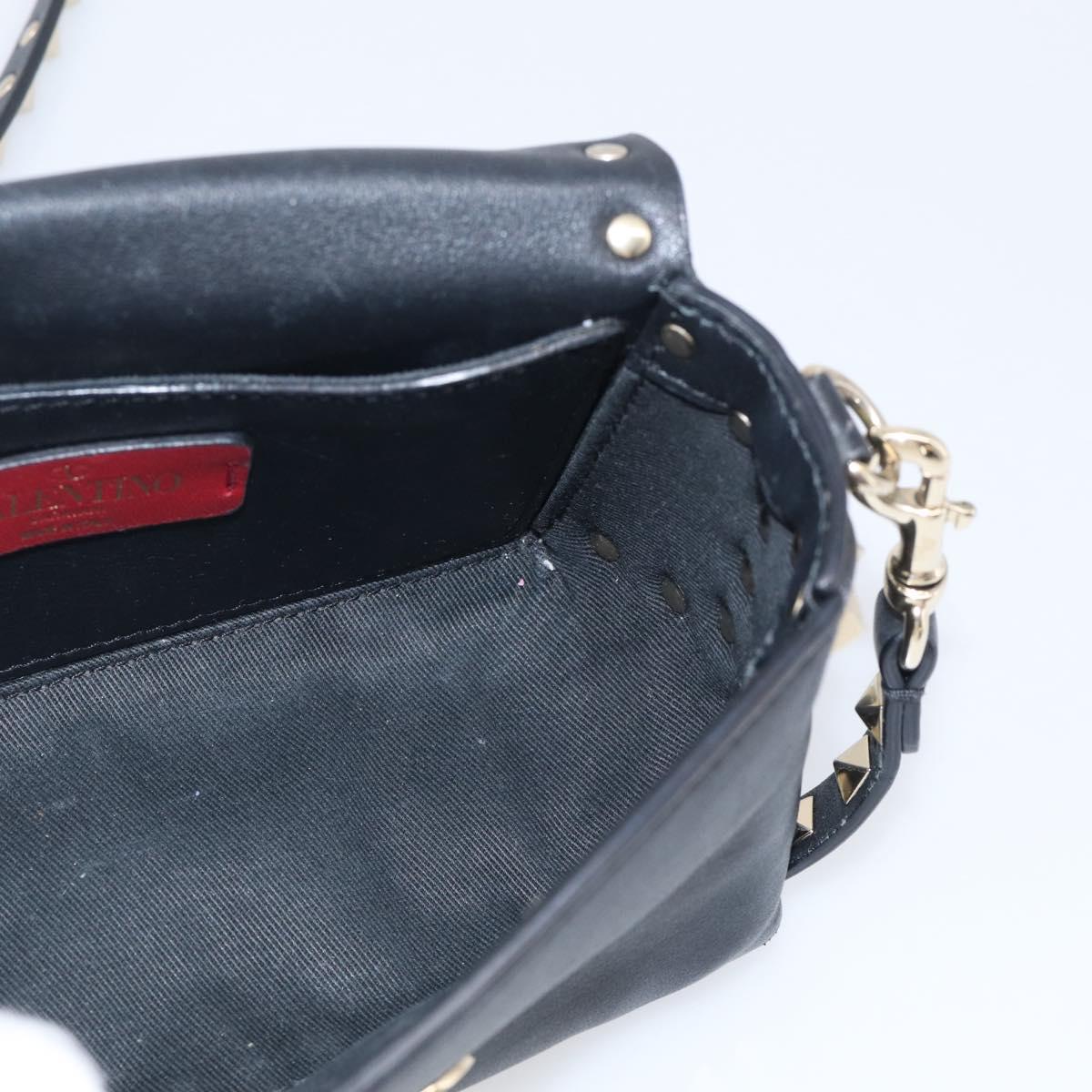 Valentino Rock Studs Shoulder Bag Leather Black Gold Tone Auth bs37832