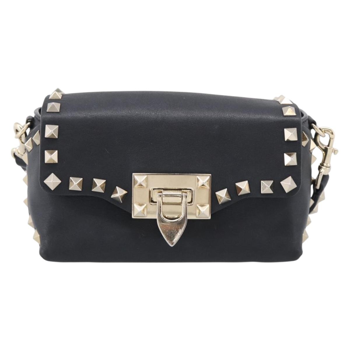 Valentino Rock Studs Shoulder Bag Leather Black Gold Tone Auth bs37832