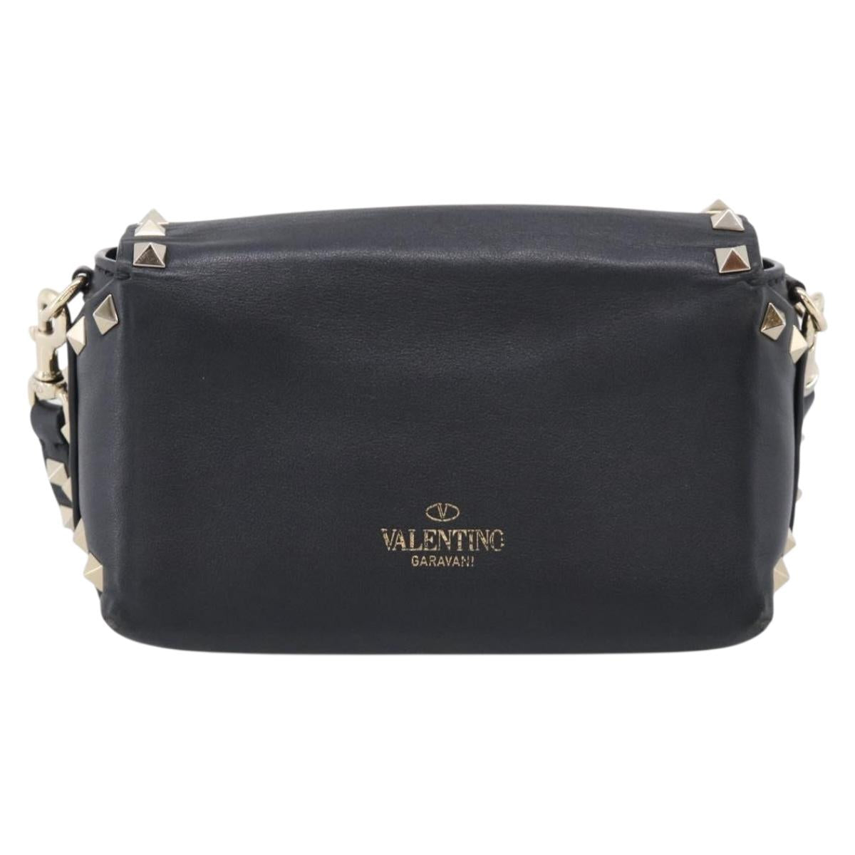 Valentino Rock Studs Shoulder Bag Leather Black Gold Tone Auth bs37832