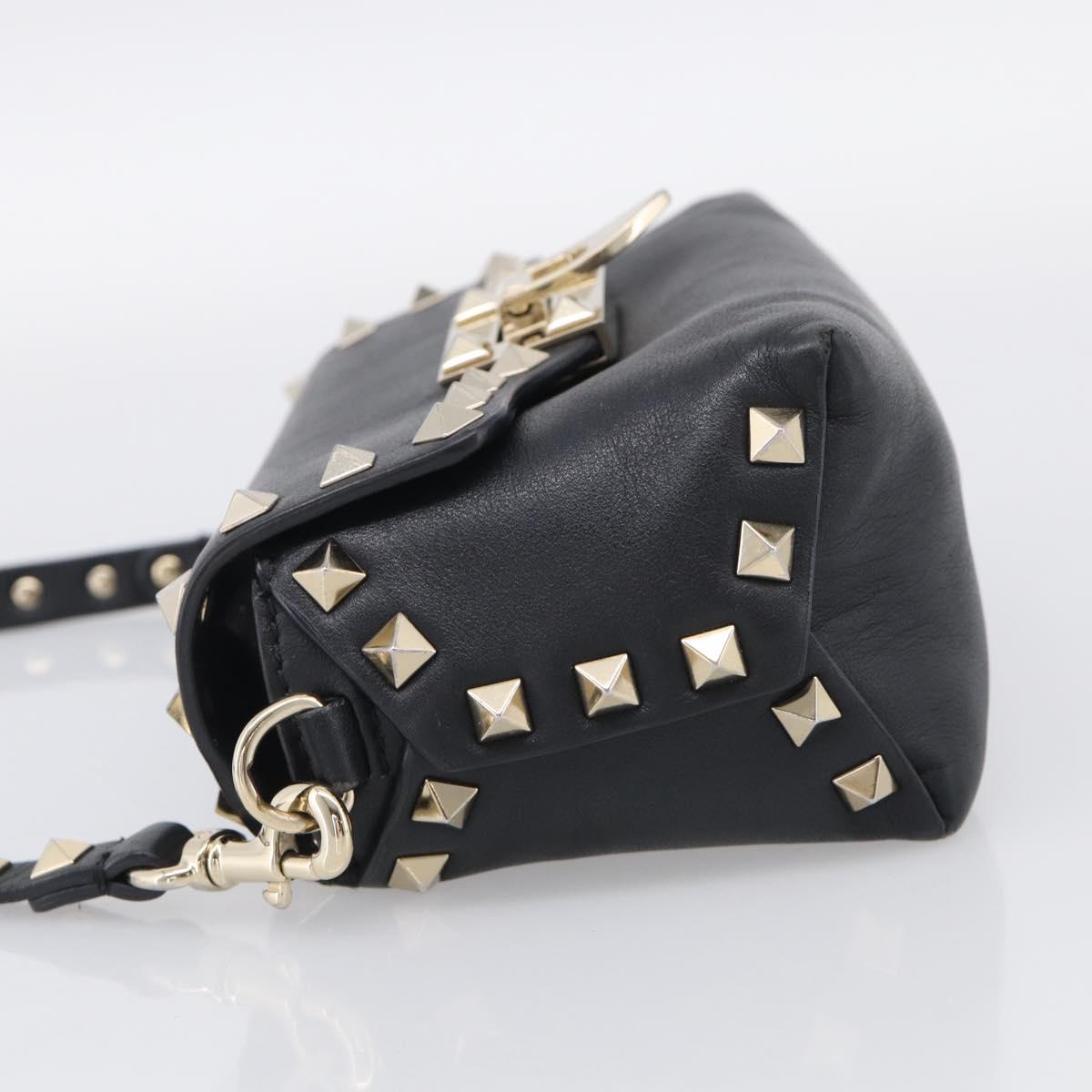 Valentino Rock Studs Shoulder Bag Leather Black Gold Tone Auth bs37832