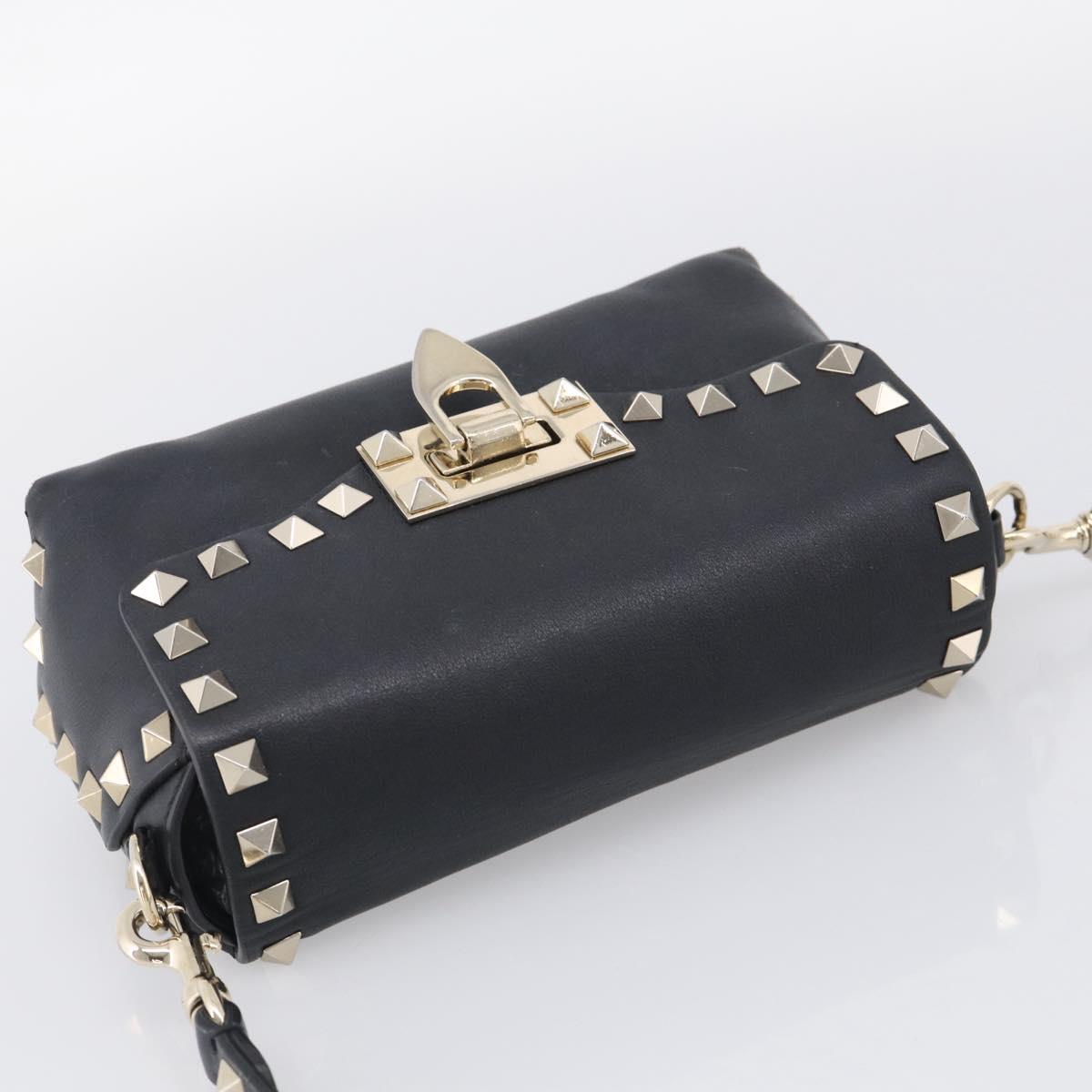Valentino Rock Studs Shoulder Bag Leather Black Gold Tone Auth bs37832