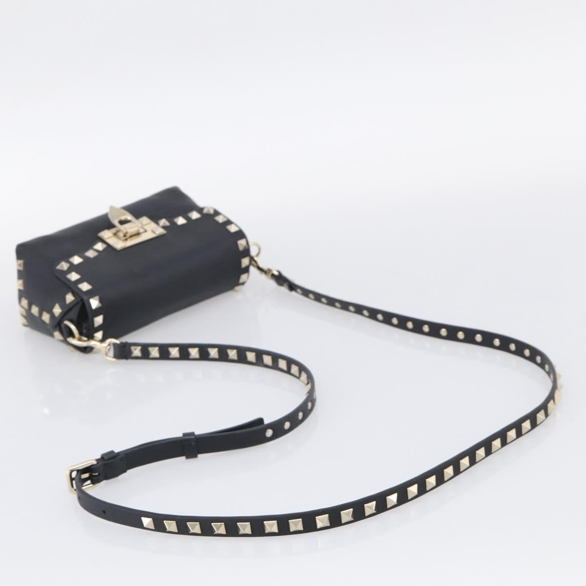 Valentino Rock Studs Shoulder Bag Leather Black Gold Tone Auth bs37832