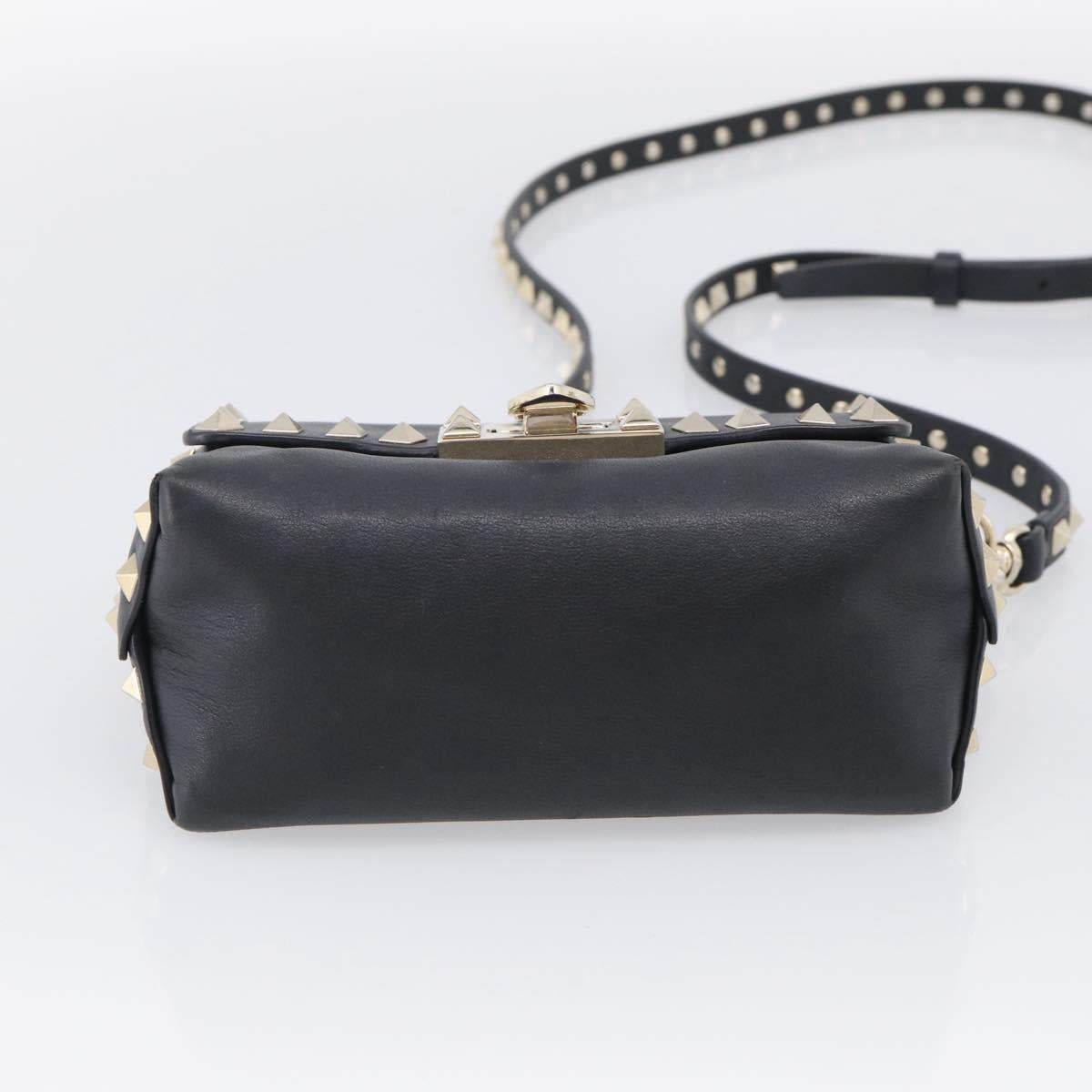 Valentino Rock Studs Shoulder Bag Leather Black Gold Tone Auth bs37832