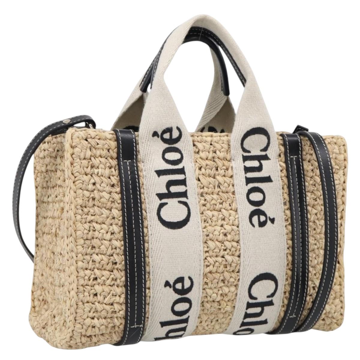 Chloe Woody Hand Bag Raffia 2way Beige Gold Tone Auth bs37833A