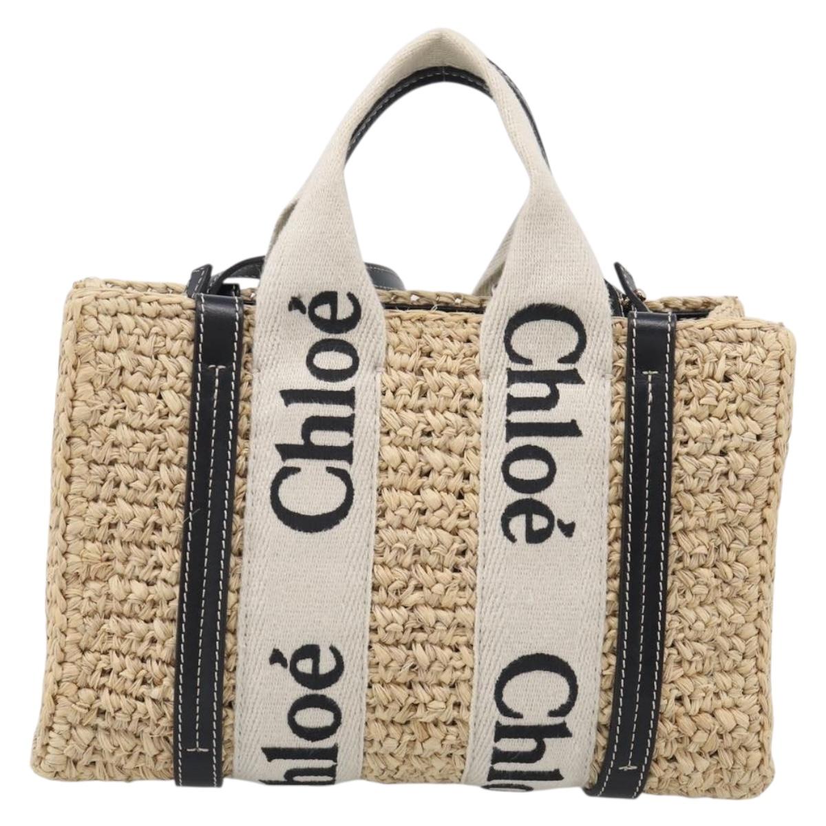 Chloe Woody Hand Bag Raffia 2way Beige Gold Tone Auth bs37833A