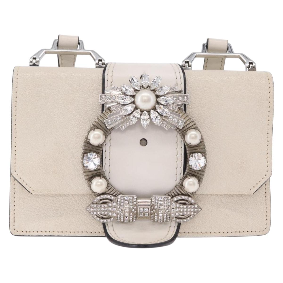 Miu Miu Madras Shoulder Bag Leather White Silver Auth bs37836A
