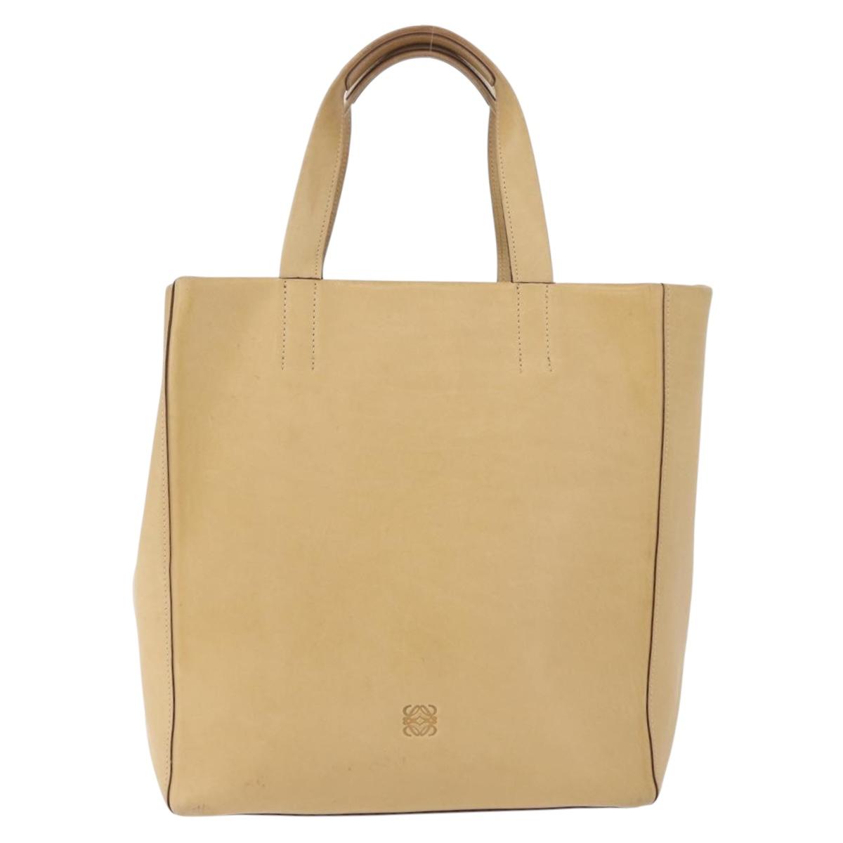 LOEWE Hand Bag Leather Beige Gold Tone Auth bs37840