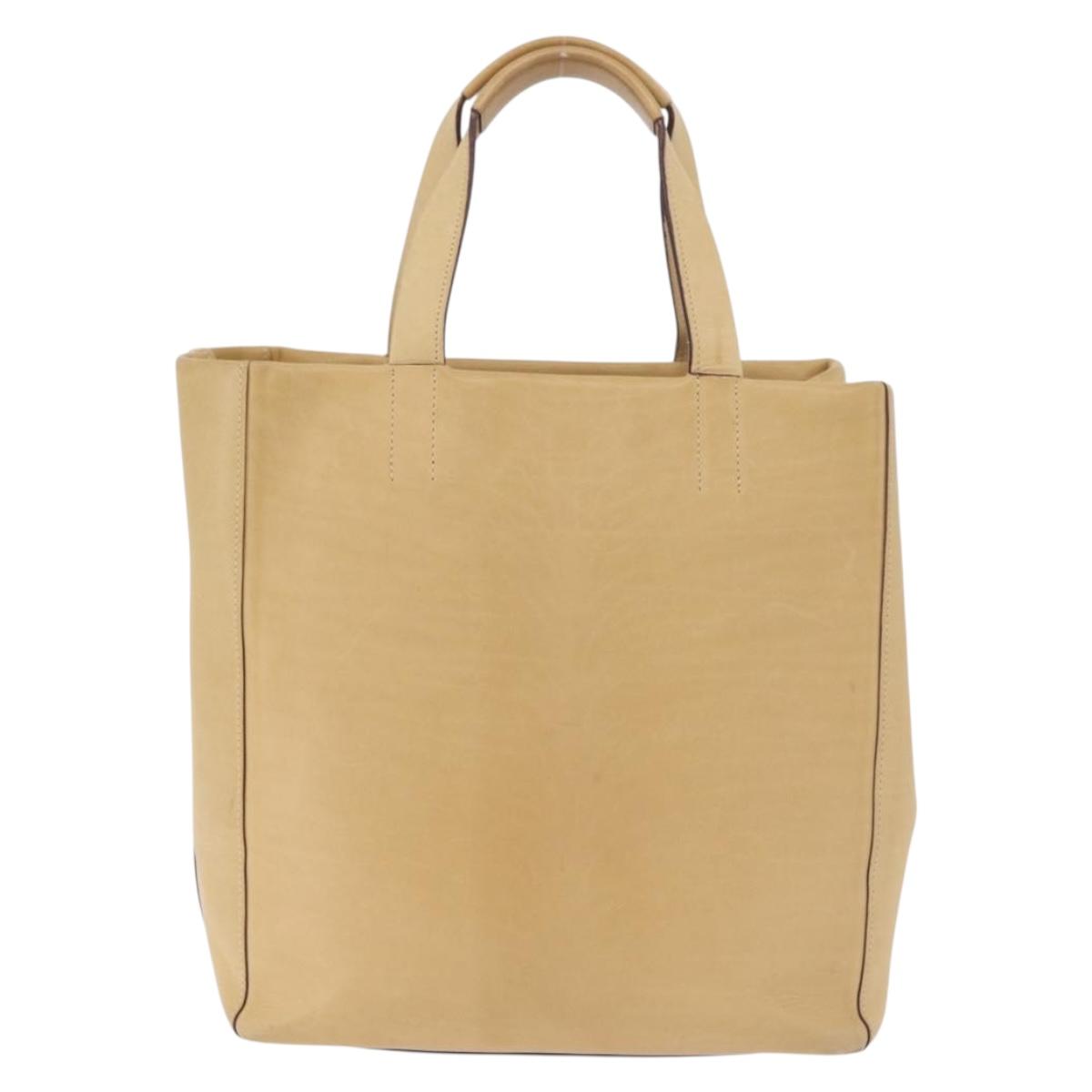 LOEWE Hand Bag Leather Beige Gold Tone Auth bs37840