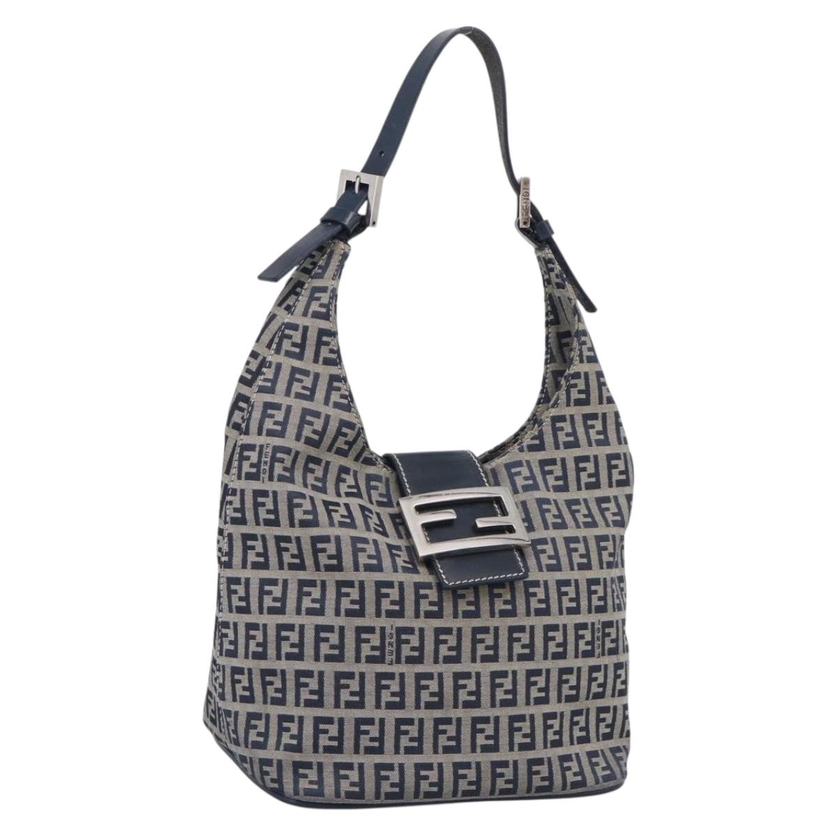 FENDI Zucchino Canvas Mamma Baguette Shoulder Bag Navy Silver Auth bs37841A