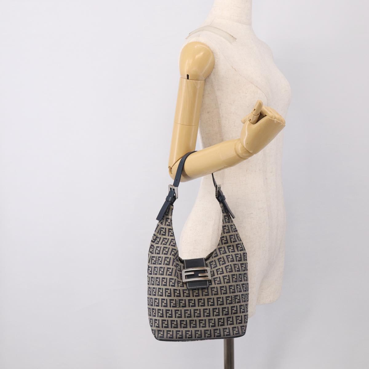 FENDI Zucchino Canvas Mamma Baguette Shoulder Bag Navy Silver Auth bs37841A