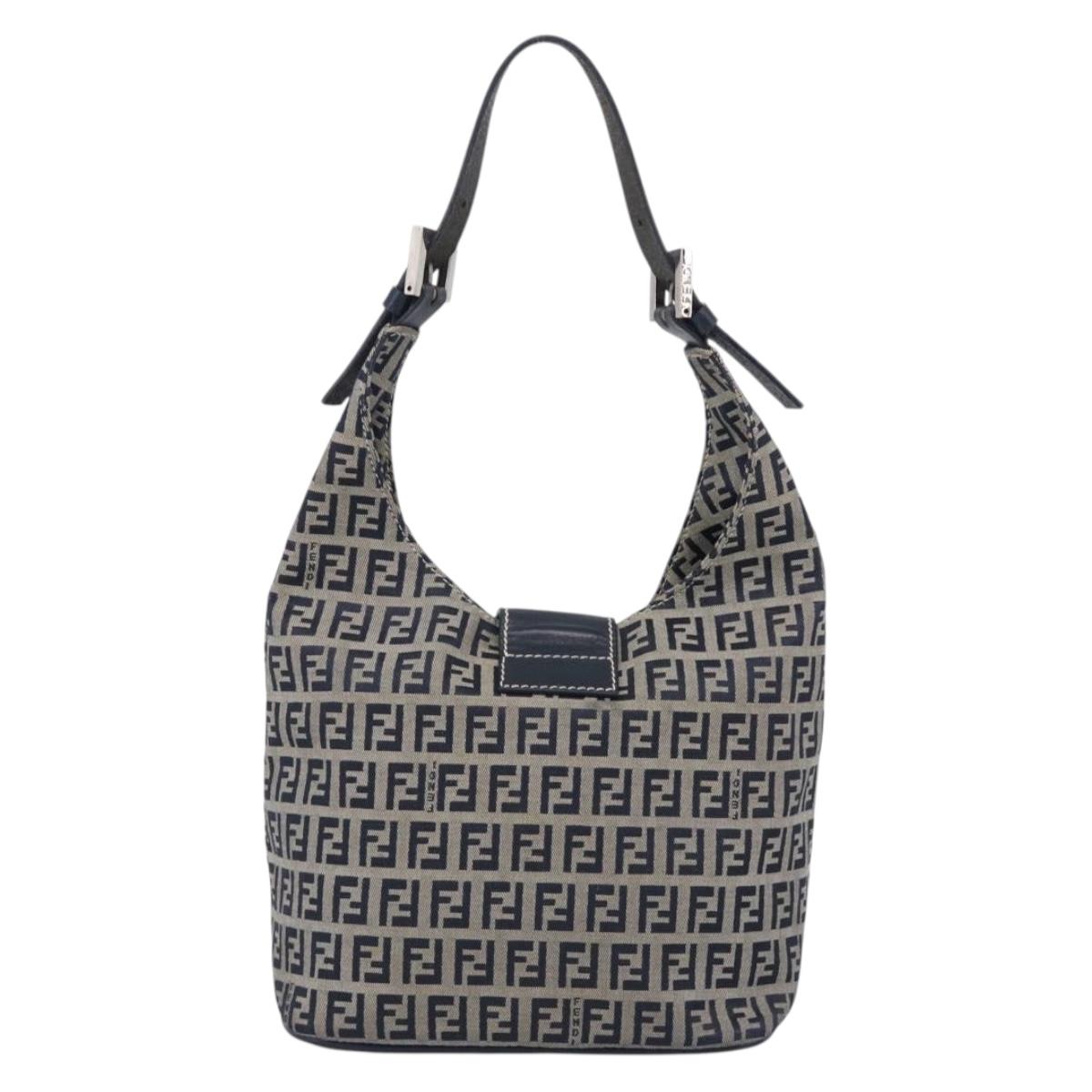 FENDI Zucchino Canvas Mamma Baguette Shoulder Bag Navy Silver Auth bs37841A