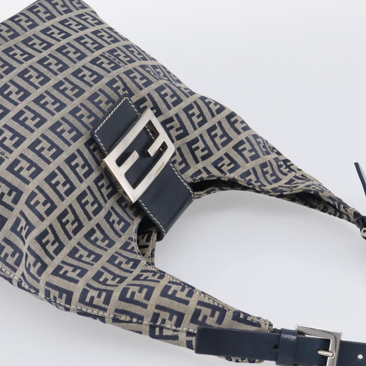 FENDI Zucchino Canvas Mamma Baguette Shoulder Bag Navy Silver Auth bs37841A