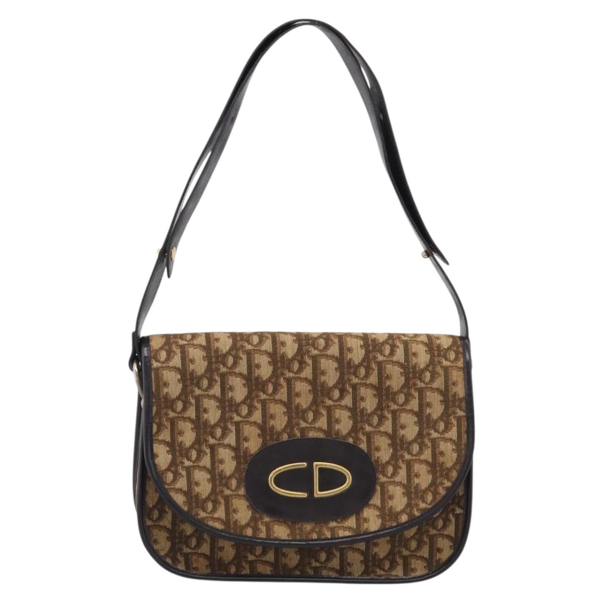 Christian Dior Trotter Canvas Shoulder Bag Beige Gold Tone Auth bs37859