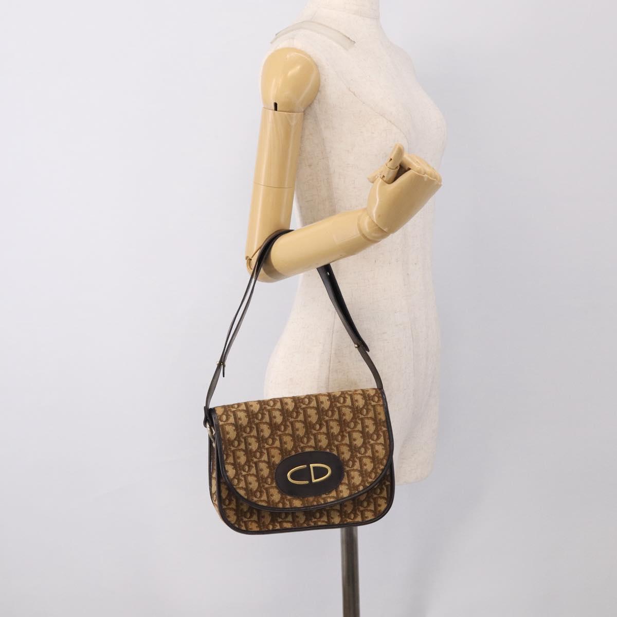 Christian Dior Trotter Canvas Shoulder Bag Beige Gold Tone Auth bs37859