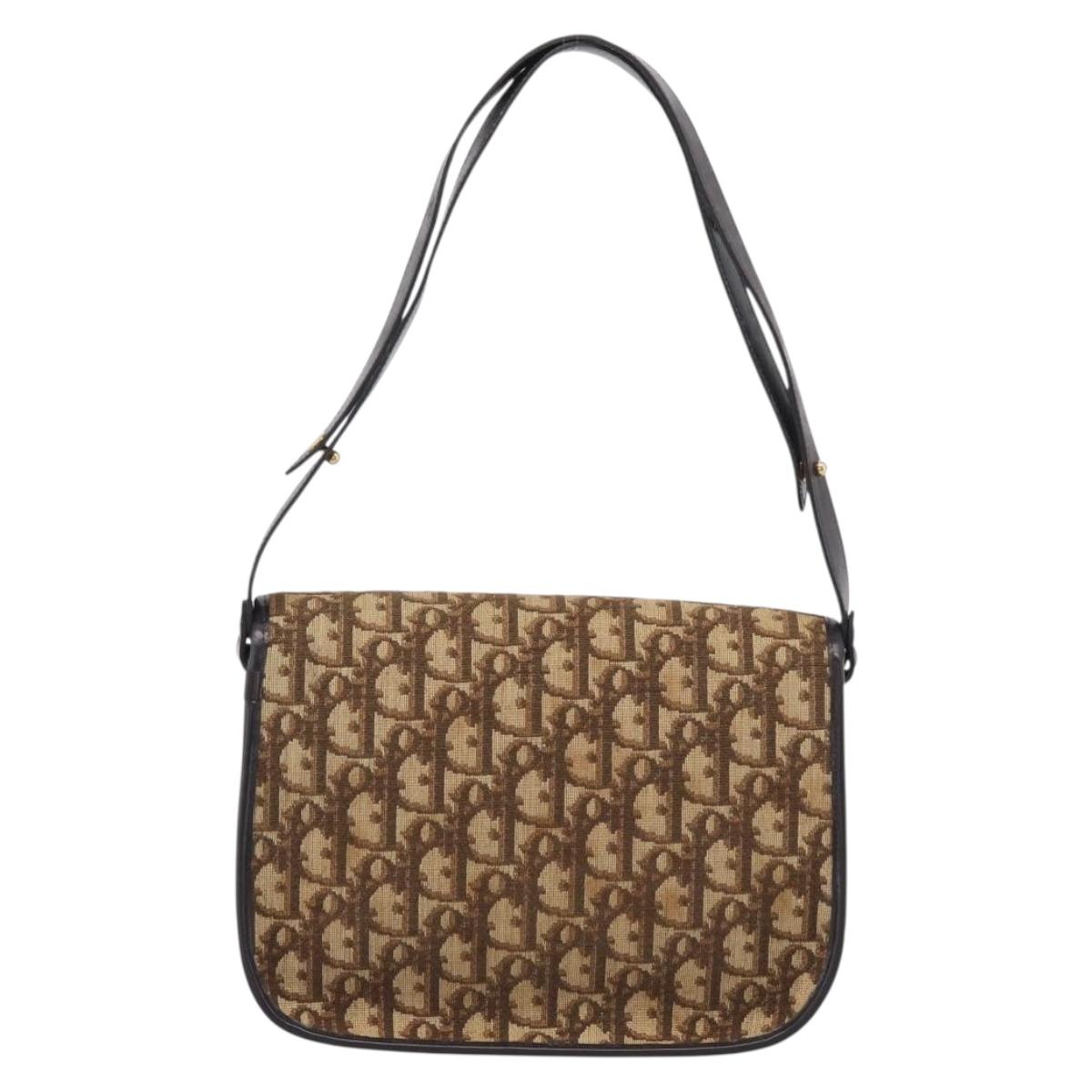 Christian Dior Trotter Canvas Shoulder Bag Beige Gold Tone Auth bs37859