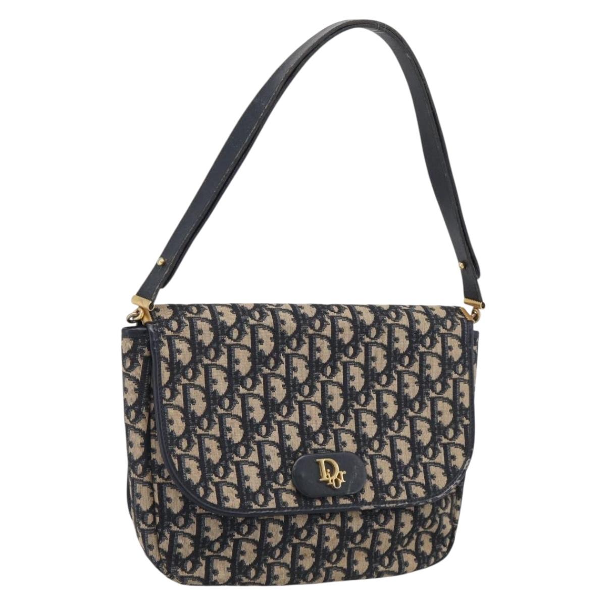 Christian Dior Trotter Canvas Shoulder Bag Navy Gold Tone Auth bs37860