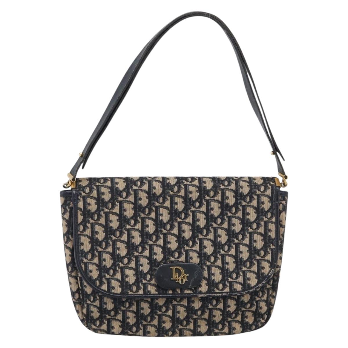 Christian Dior Trotter Canvas Shoulder Bag Navy Gold Tone Auth bs37860
