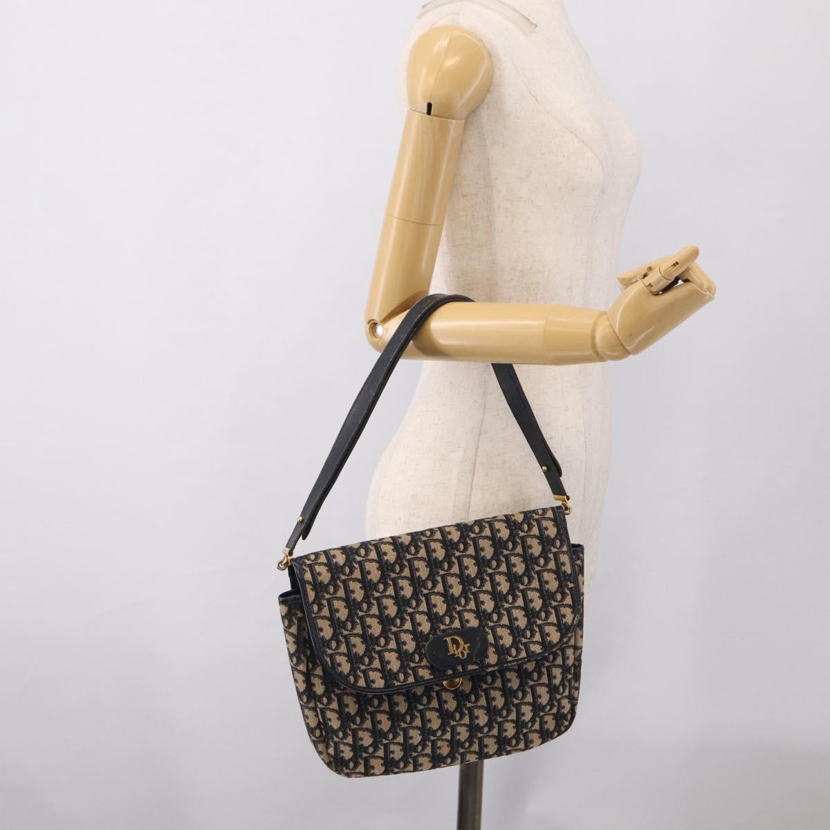 Christian Dior Trotter Canvas Shoulder Bag Navy Gold Tone Auth bs37860