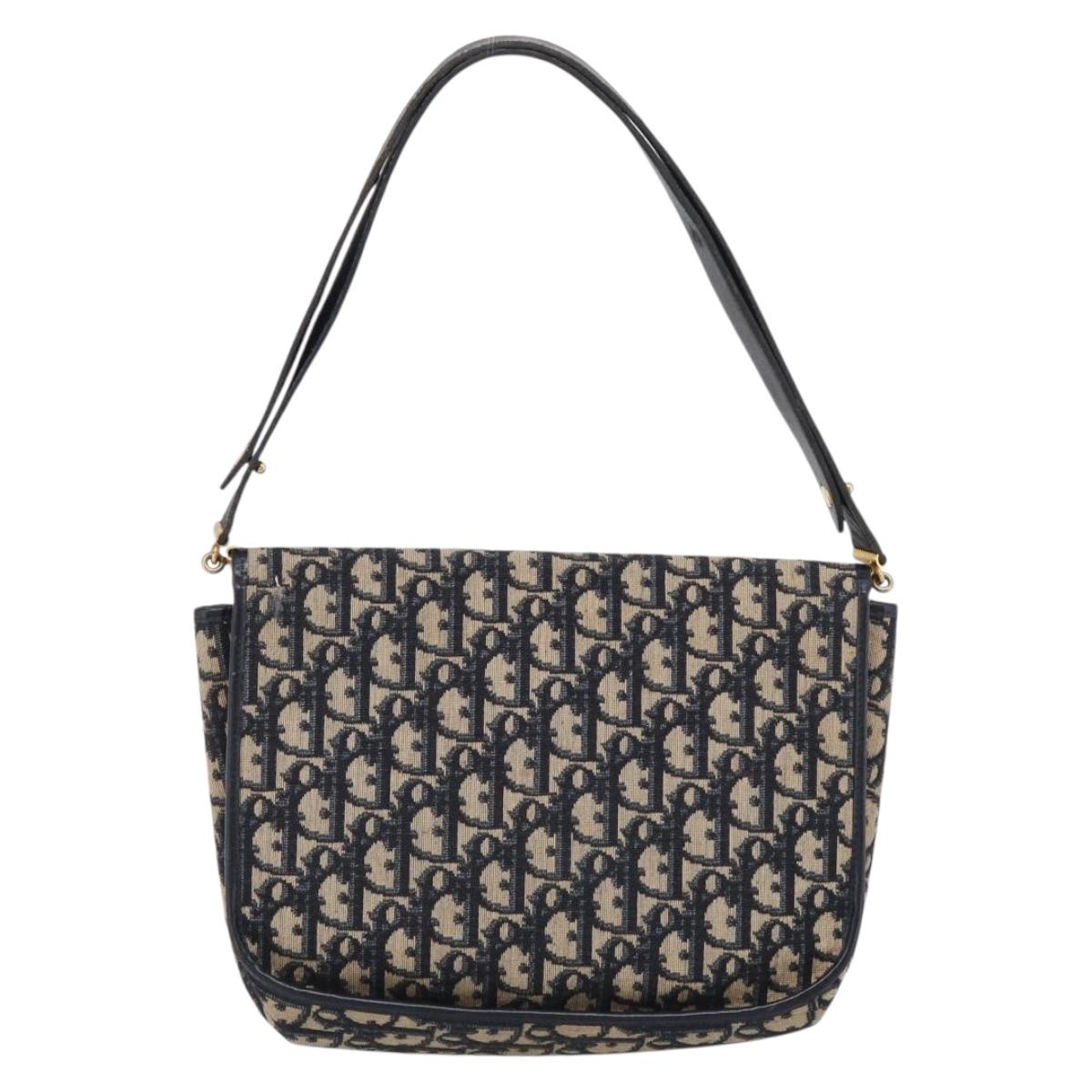 Christian Dior Trotter Canvas Shoulder Bag Navy Gold Tone Auth bs37860