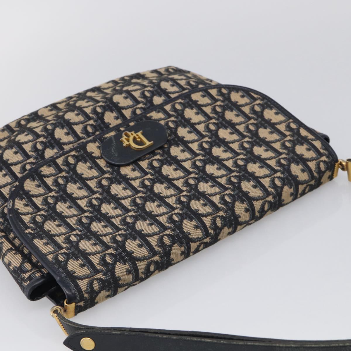 Christian Dior Trotter Canvas Shoulder Bag Navy Gold Tone Auth bs37860
