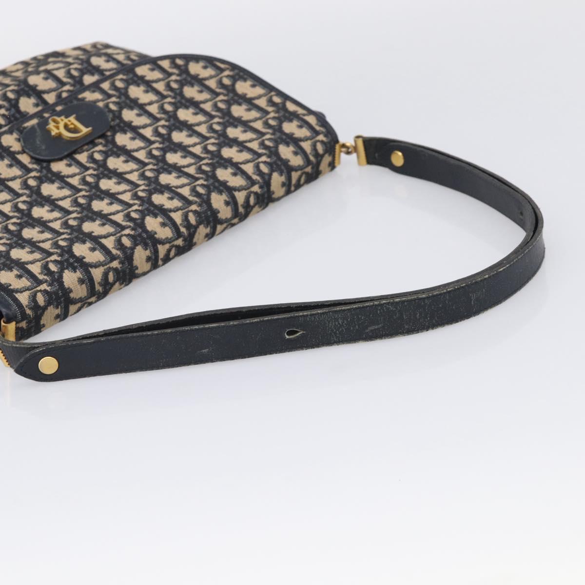 Christian Dior Trotter Canvas Shoulder Bag Navy Gold Tone Auth bs37860