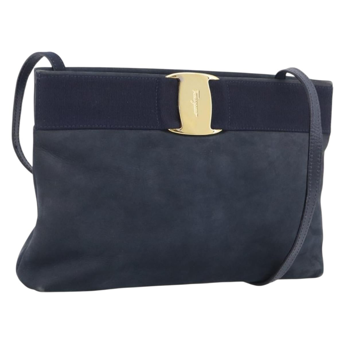 Salvatore Ferragamo Vala Shoulder Bag Suede Navy Gold Tone Auth bs37861
