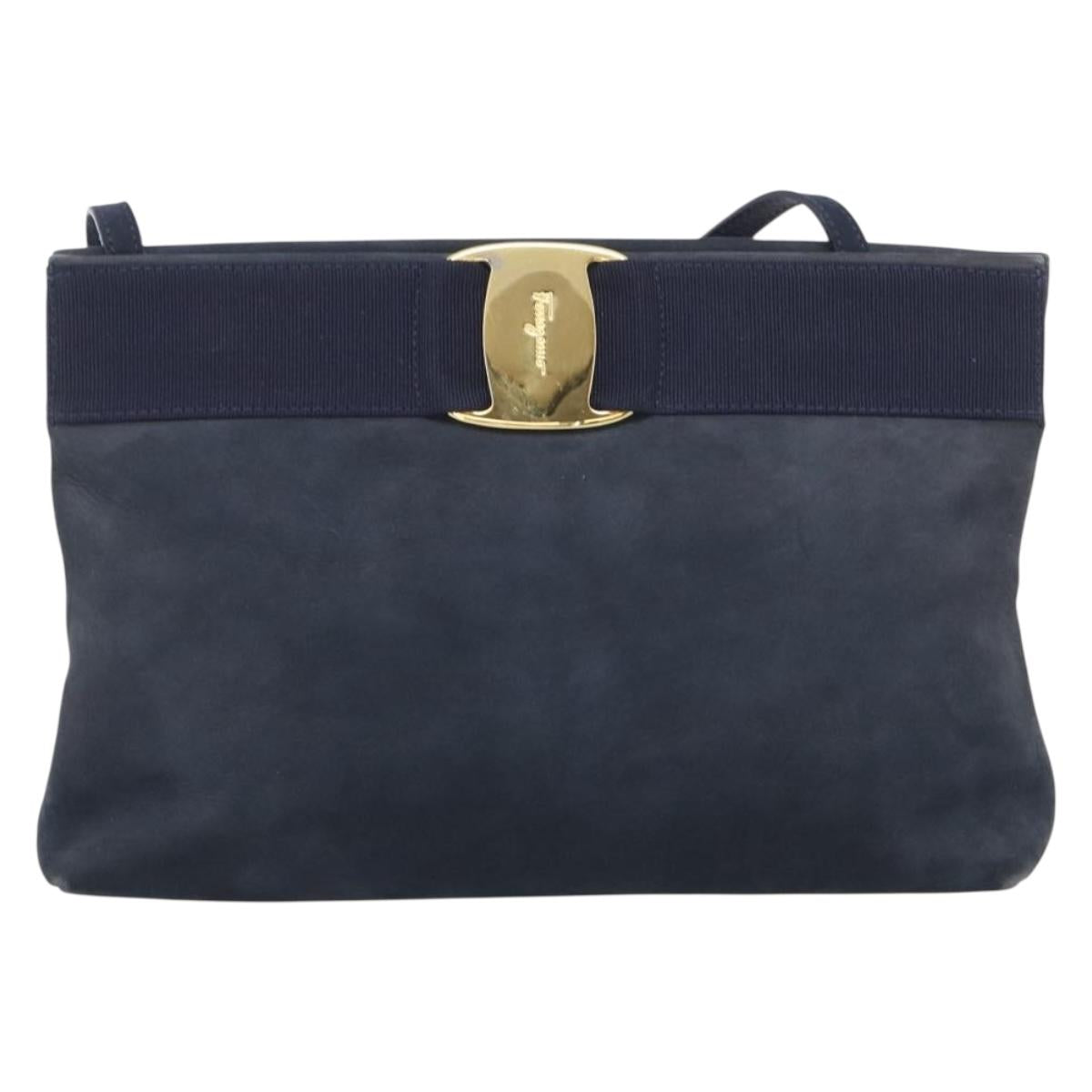 Salvatore Ferragamo Vala Shoulder Bag Suede Navy Gold Tone Auth bs37861