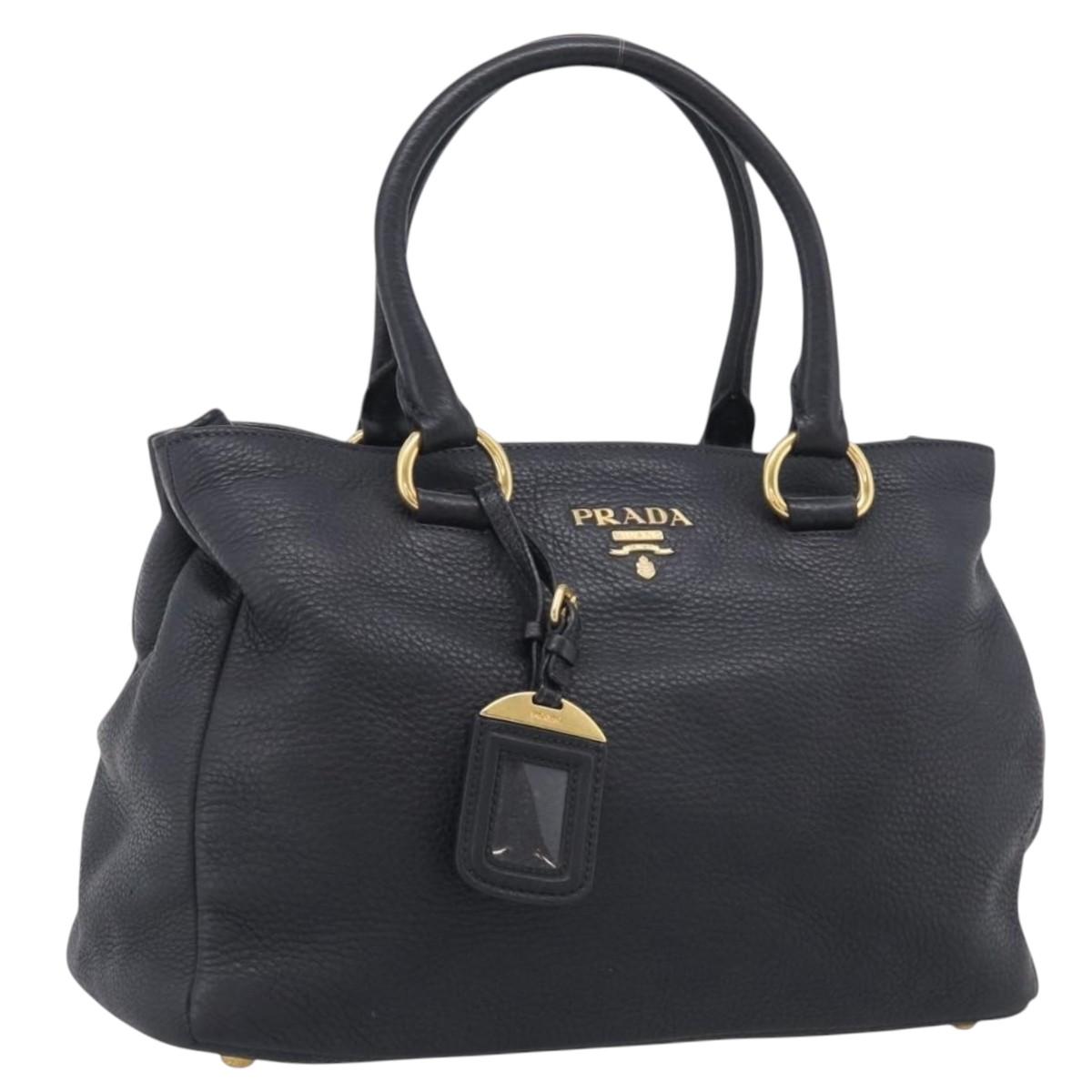 PRADA Hand Bag Leather Black Gold Tone Auth bs37863