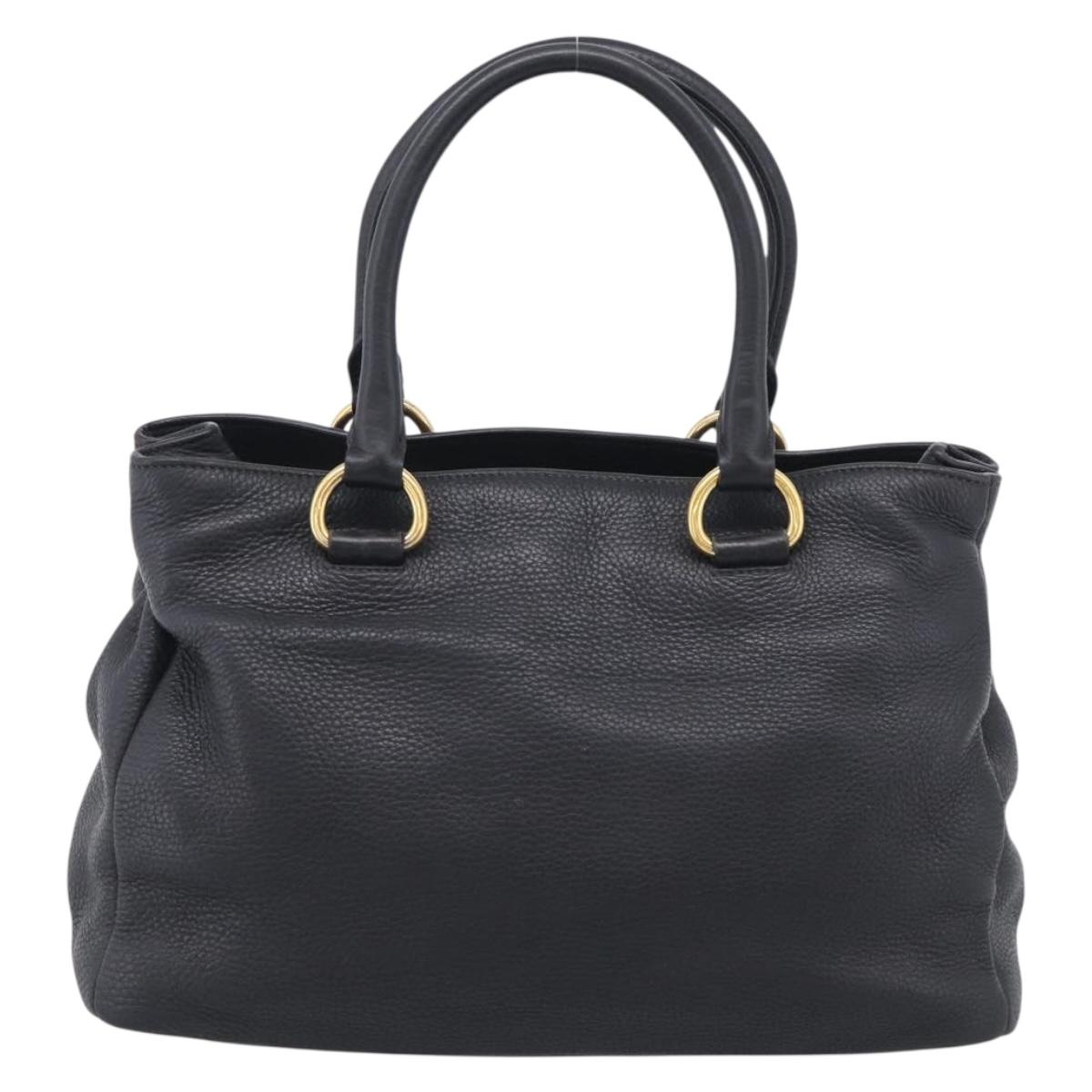 PRADA Hand Bag Leather Black Gold Tone Auth bs37863