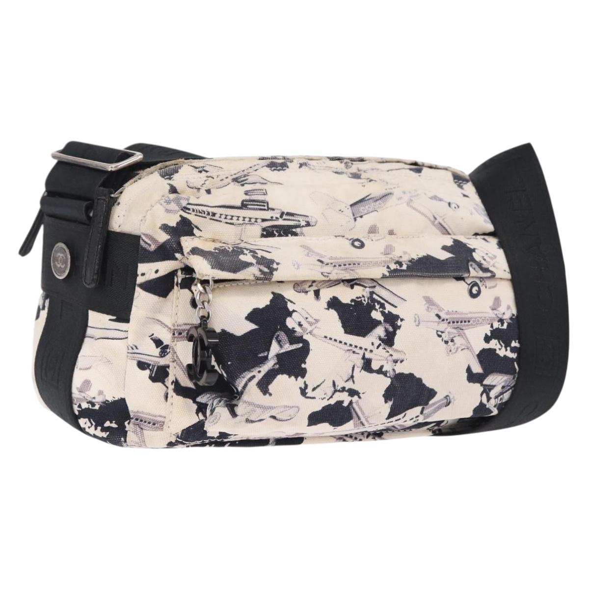 CHANEL Airline Shoulder Bag Canvas White Silver CC Auth bs37873