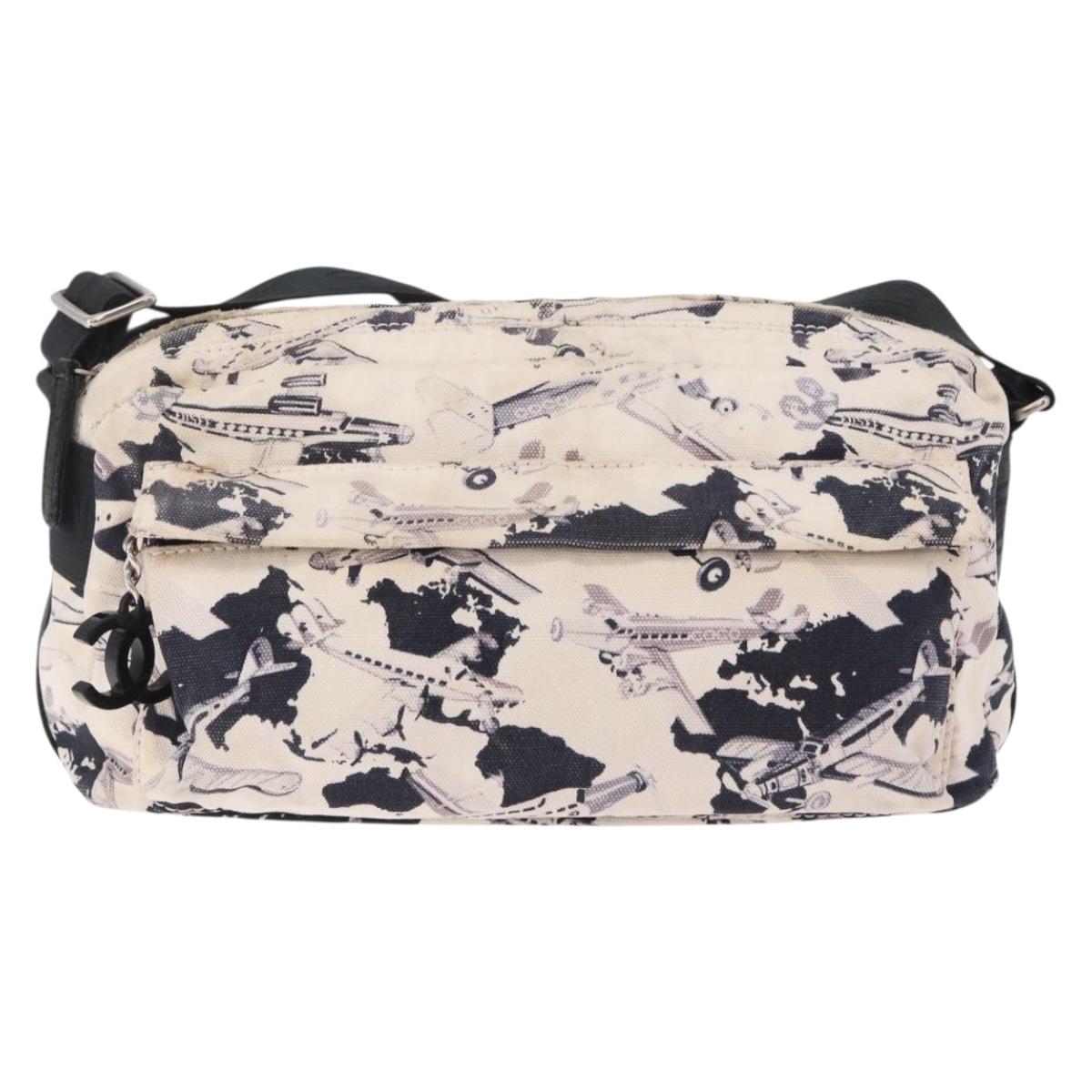 CHANEL Airline Shoulder Bag Canvas White Silver CC Auth bs37873