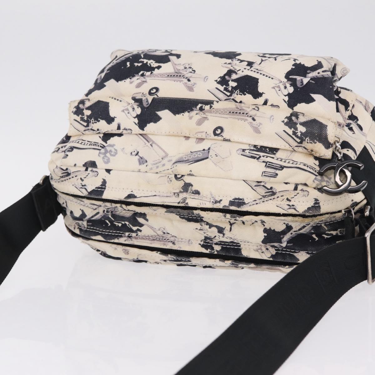 CHANEL Airline Shoulder Bag Canvas White Silver CC Auth bs37873