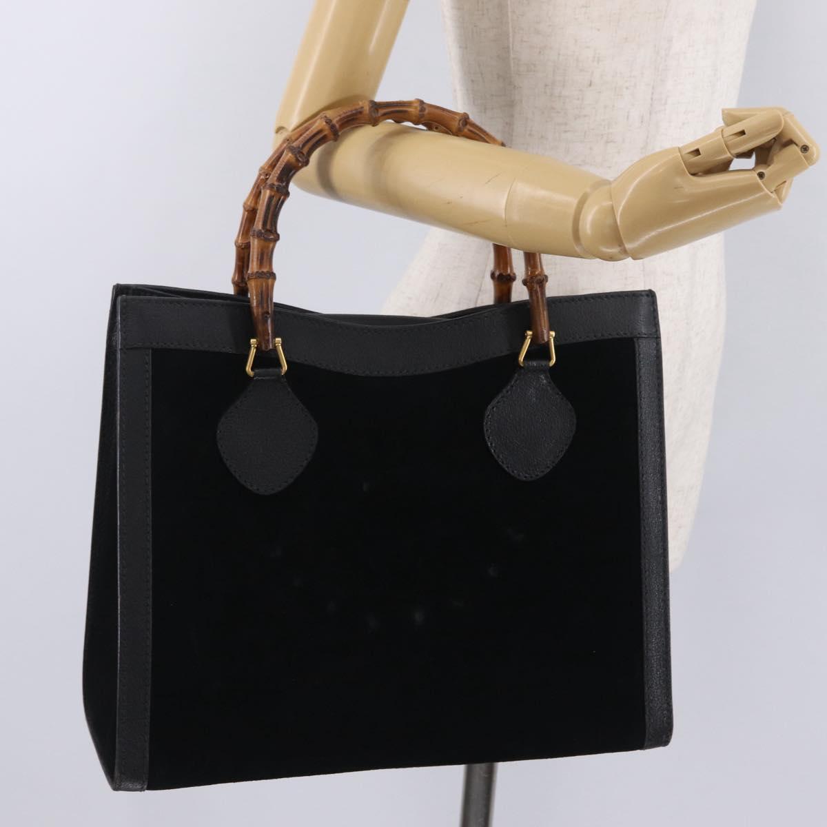 GUCCI Bamboo Hand Bag Suede Black Gold Tone 002 2853 0260 0 Auth bs37874