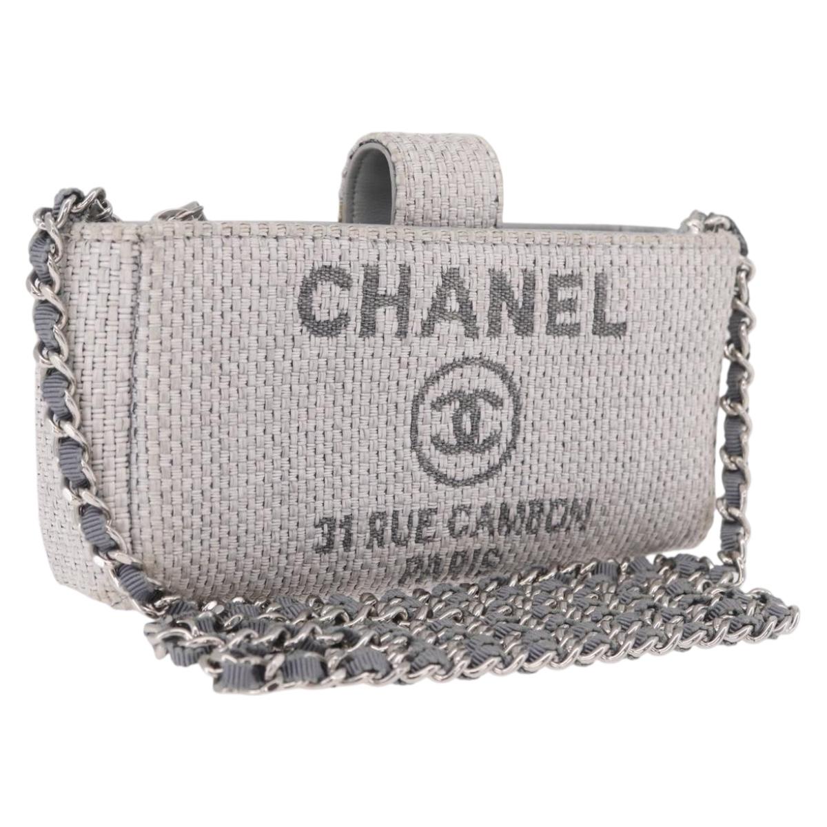 CHANEL Deauville Line Chain Shoulder Bag Canvas Gray Silver CC Auth bs37875A