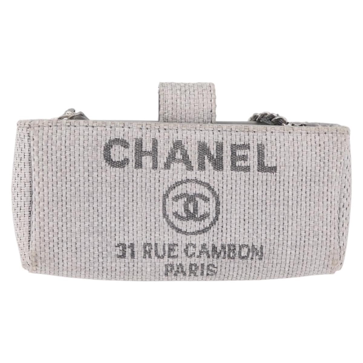 CHANEL Deauville Line Chain Shoulder Bag Canvas Gray Silver CC Auth bs37875A