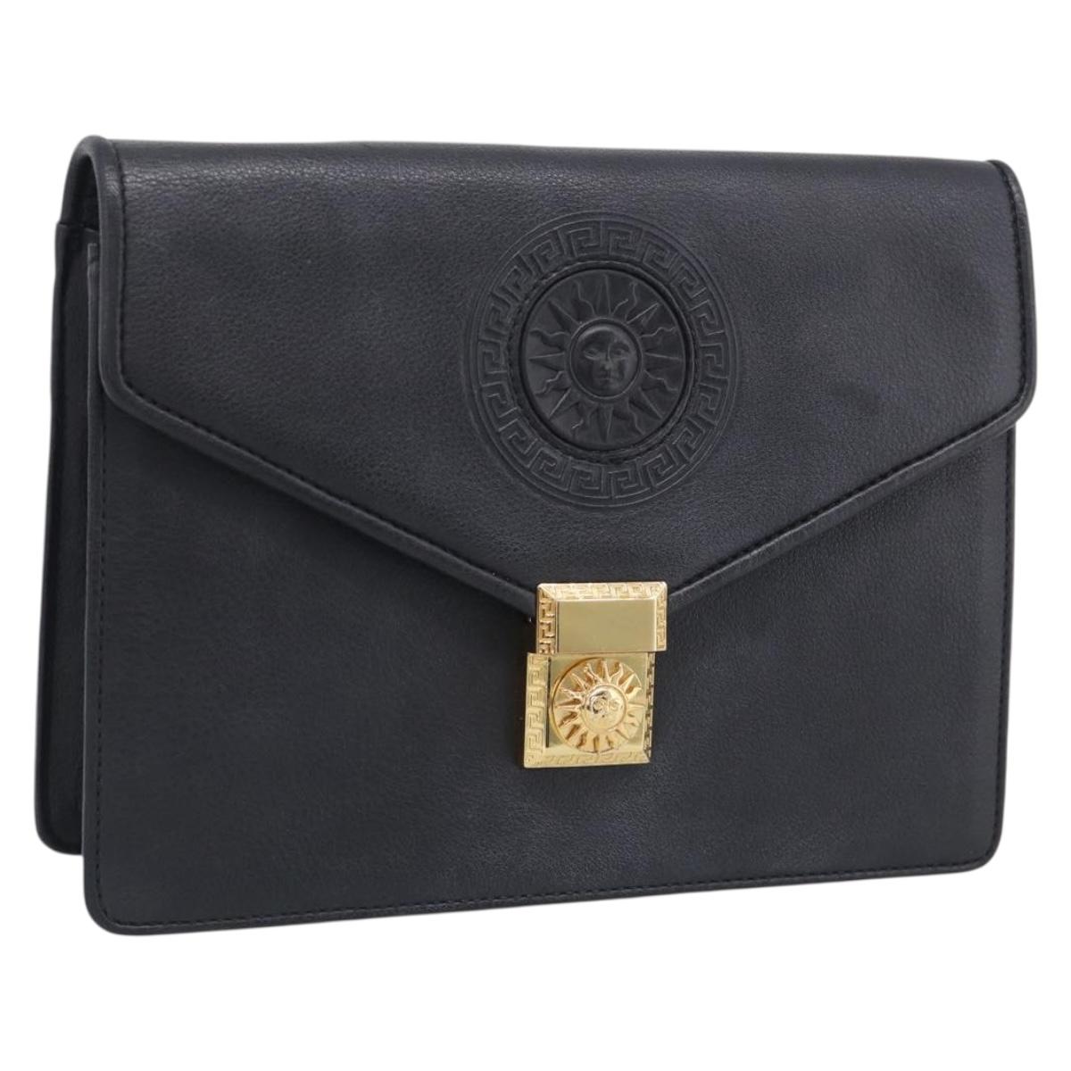 Gianni Versace Clutch Bag Leather Black Gold Tone Auth bs37891