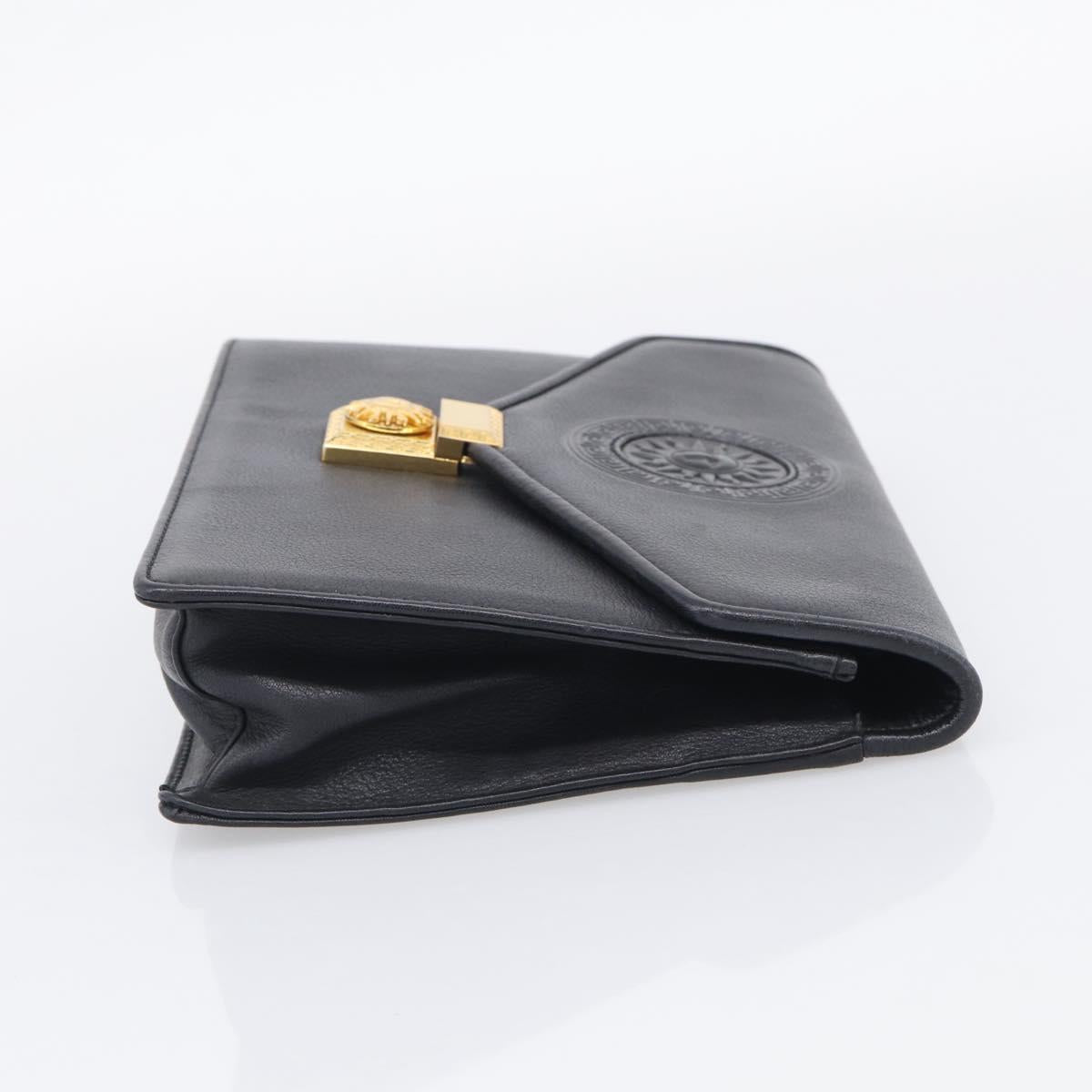 Gianni Versace Clutch Bag Leather Black Gold Tone Auth bs37891