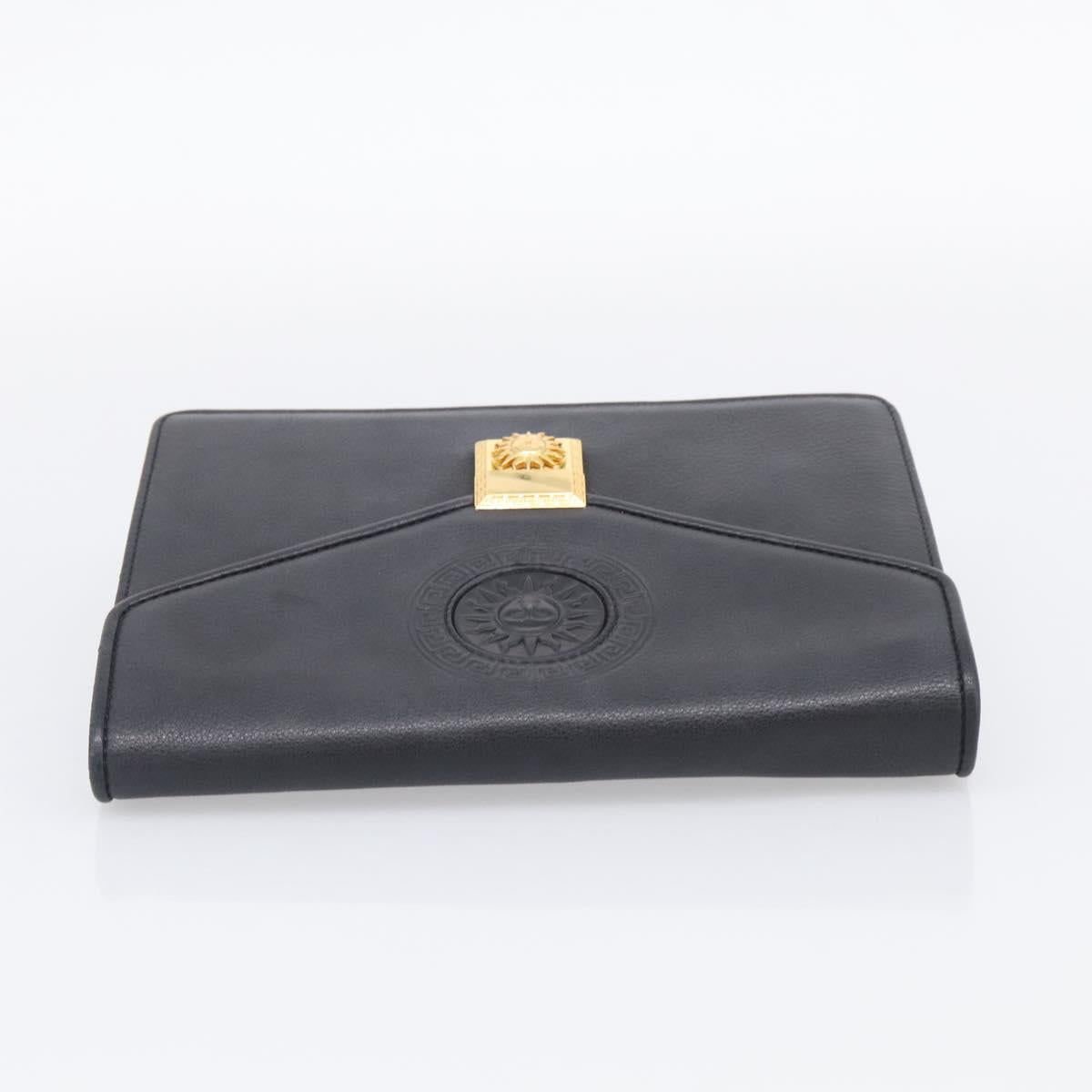 Gianni Versace Clutch Bag Leather Black Gold Tone Auth bs37891
