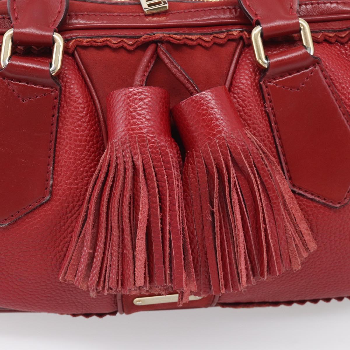 BURBERRY Boston Bag Leather Red Gold Tone Auth bs37894