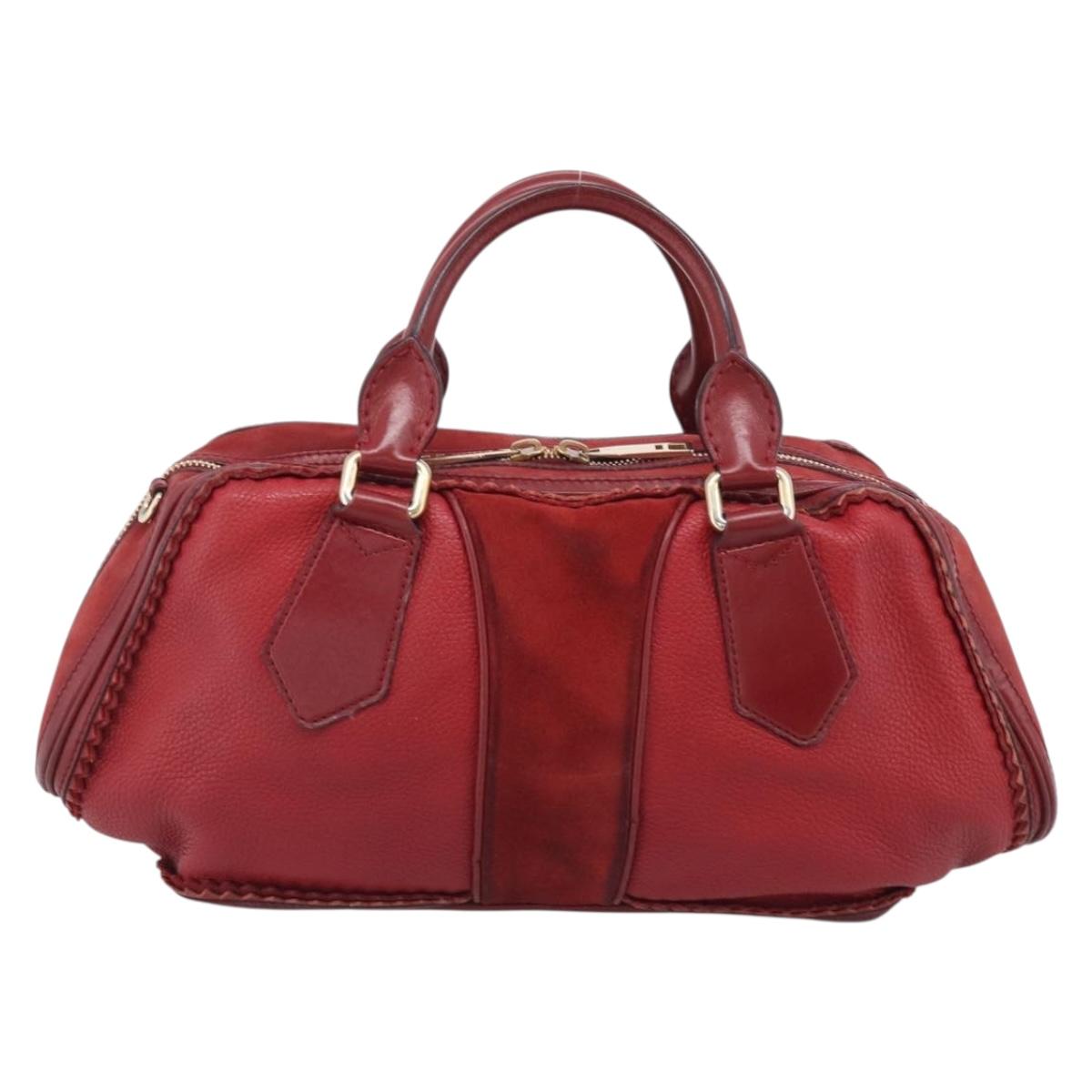 BURBERRY Boston Bag Leather Red Gold Tone Auth bs37894