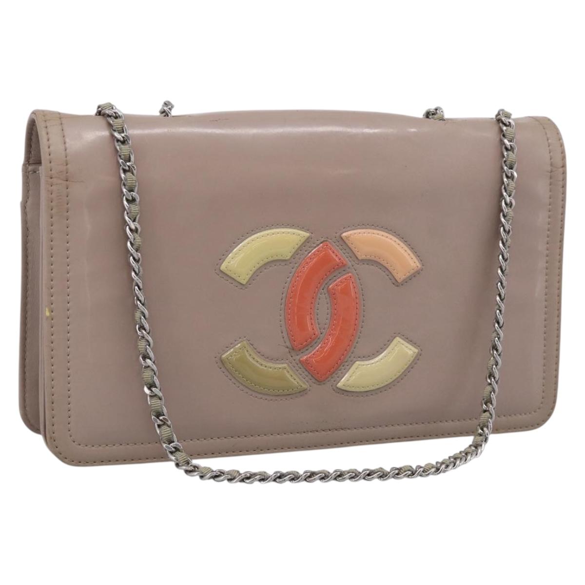CHANEL Chain Shoulder Bag Patent Beige Silver CC Auth bs37895