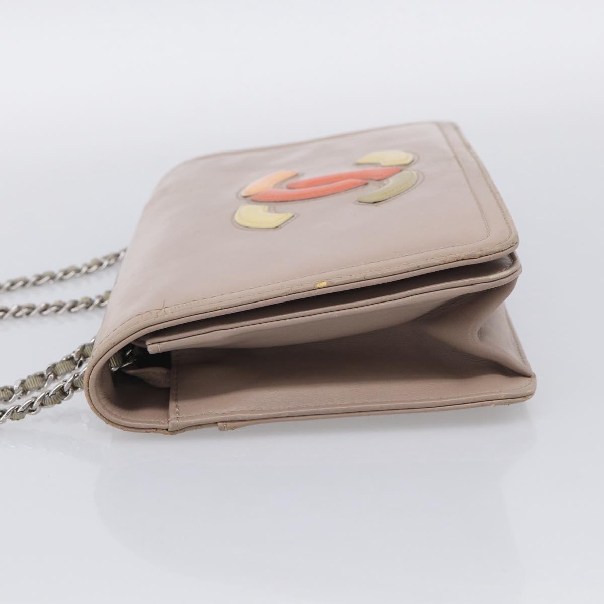 CHANEL Chain Shoulder Bag Patent Beige Silver CC Auth bs37895