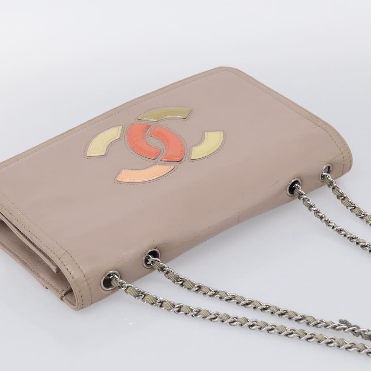 CHANEL Chain Shoulder Bag Patent Beige Silver CC Auth bs37895