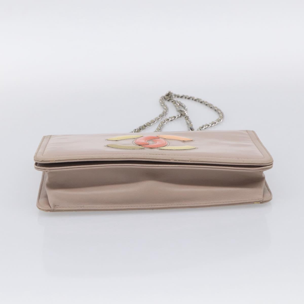 CHANEL Chain Shoulder Bag Patent Beige Silver CC Auth bs37895