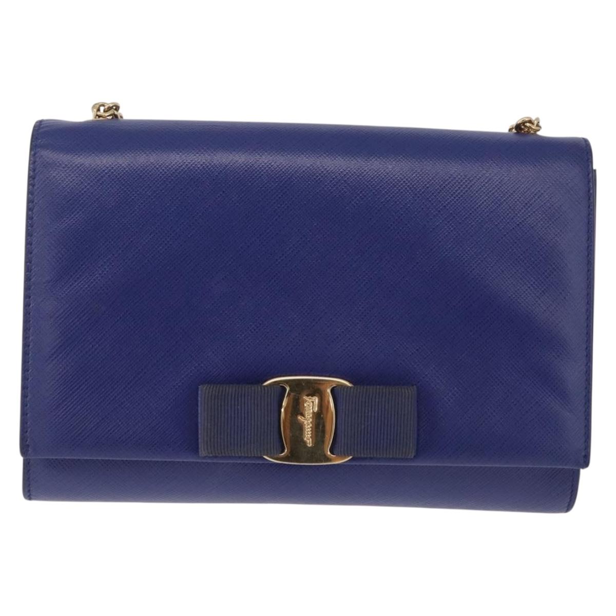 Salvatore Ferragamo Vala Chain Shoulder Bag Leather Blue Gold Tone Auth bs37896A