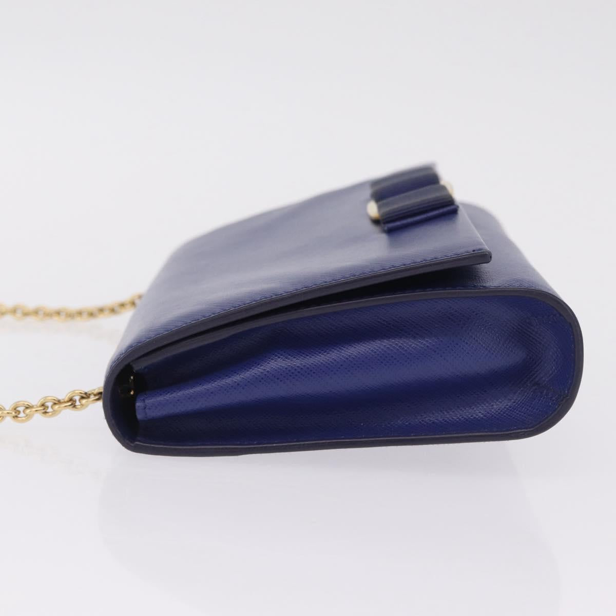 Salvatore Ferragamo Vala Chain Shoulder Bag Leather Blue Gold Tone Auth bs37896A