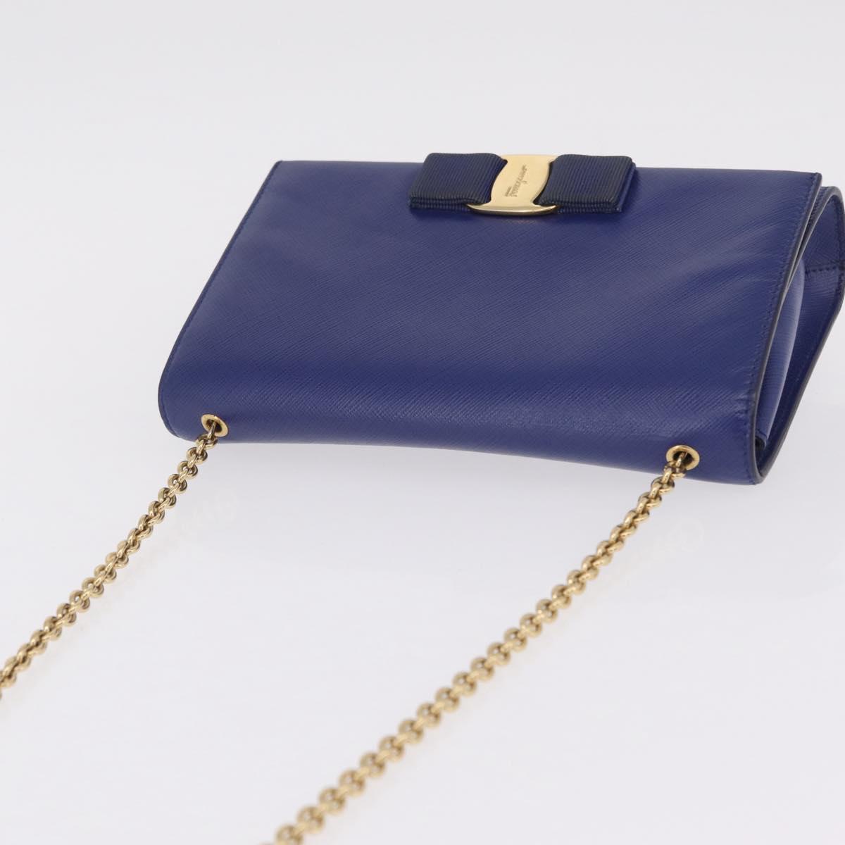 Salvatore Ferragamo Vala Chain Shoulder Bag Leather Blue Gold Tone Auth bs37896A