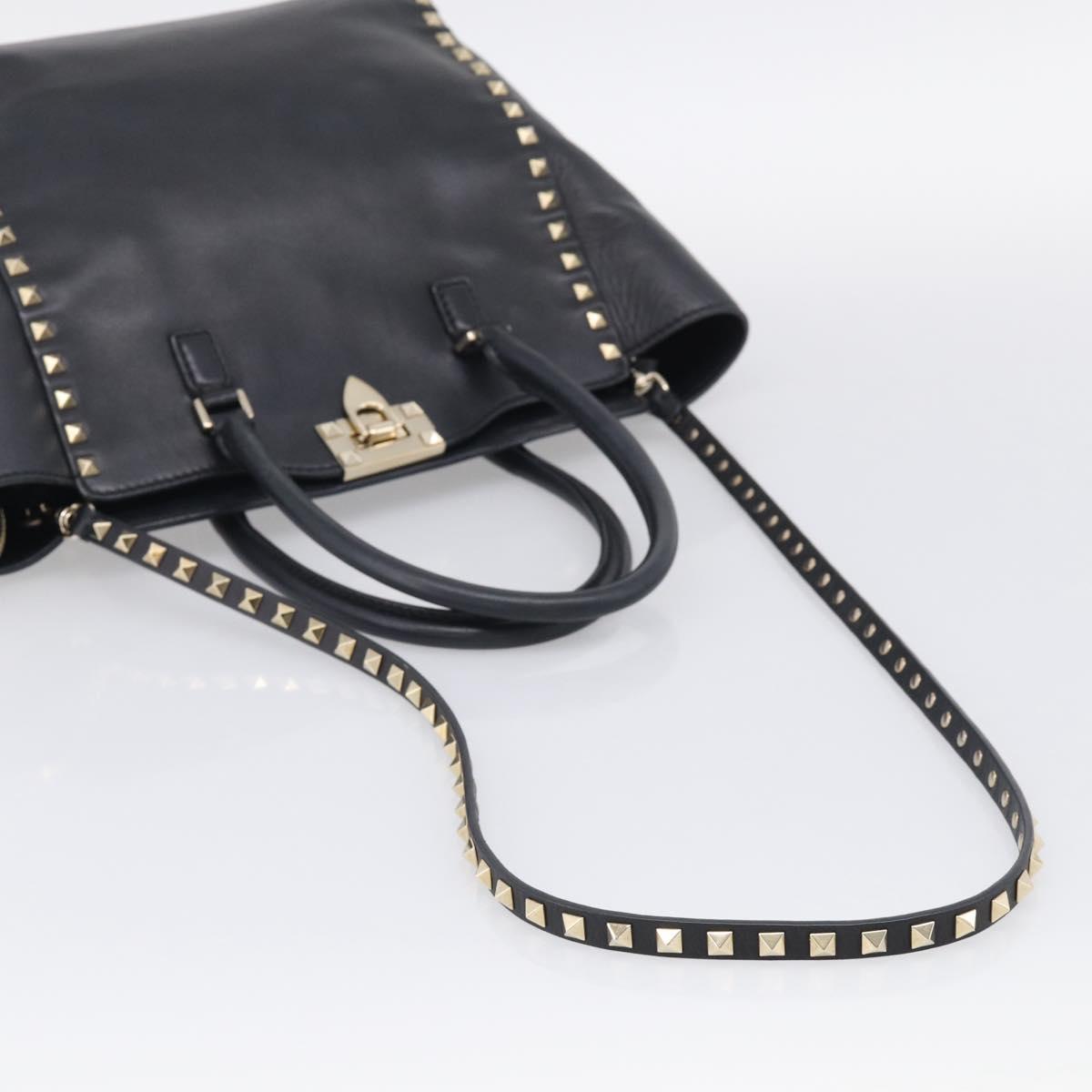 Valentino Rock Studs Hand Bag Leather 2way Black Gold Tone Auth bs37898