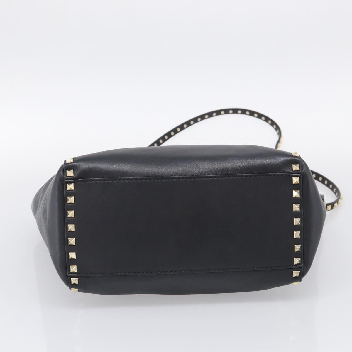 Valentino Rock Studs Hand Bag Leather 2way Black Gold Tone Auth bs37898